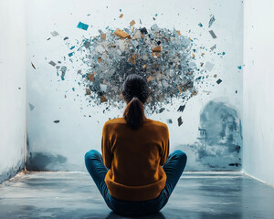 Woman sitting on the ground looking into a floating ball of colors and shapes.