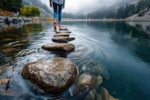 a woman stepping on stones to cross a body of water