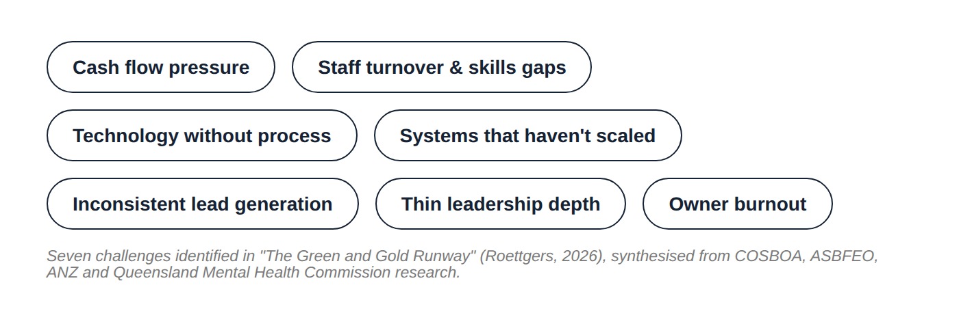 cash flow pressure; staff turnover and skills gaps; technology without process; systems that haven't scaled; inconsistent lead generation; thin leadership depth; owner burnout